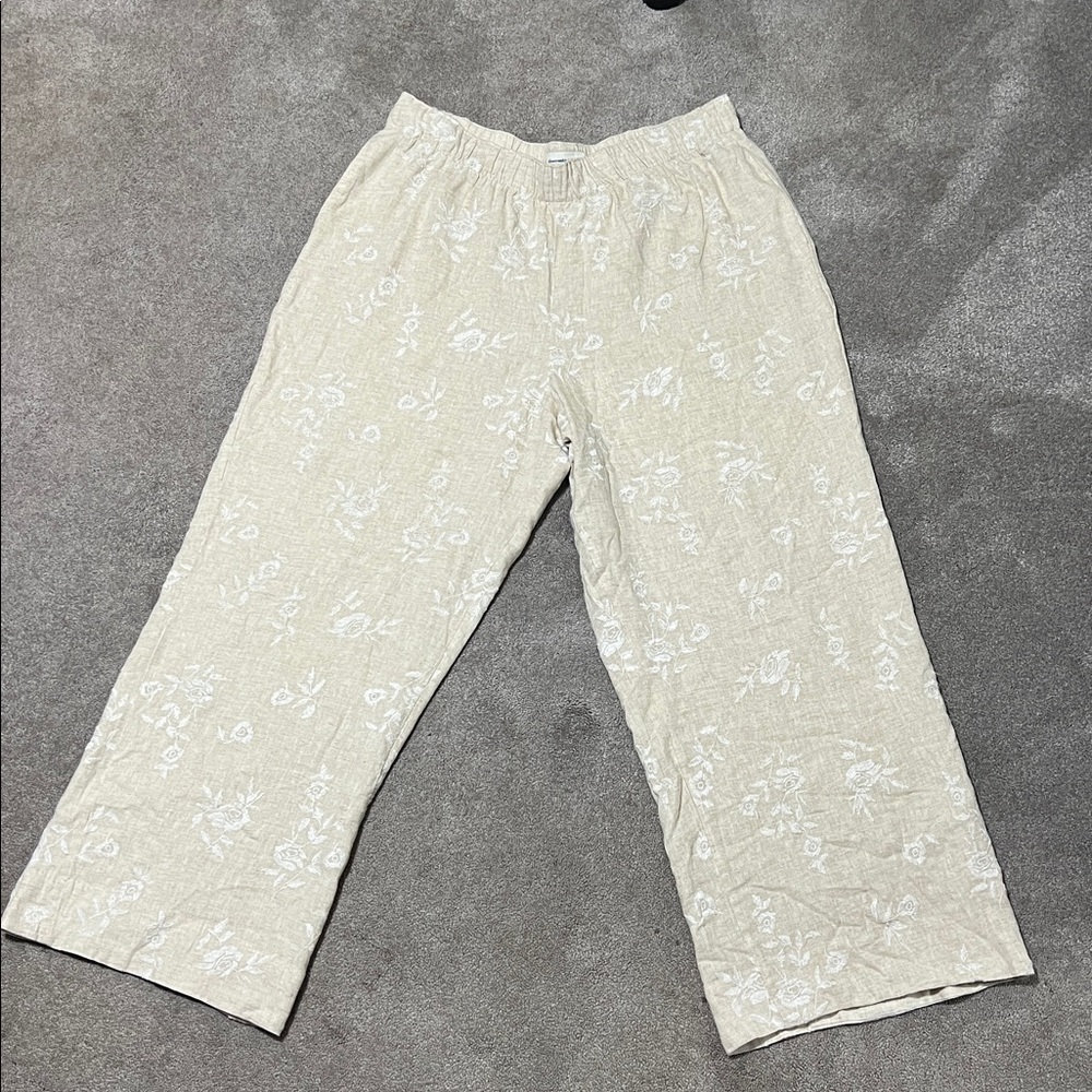 Abercrombie & Fitch Linen Blend Embroidered Wide Leg Pants Beige Size XL - Picture 4 of 8